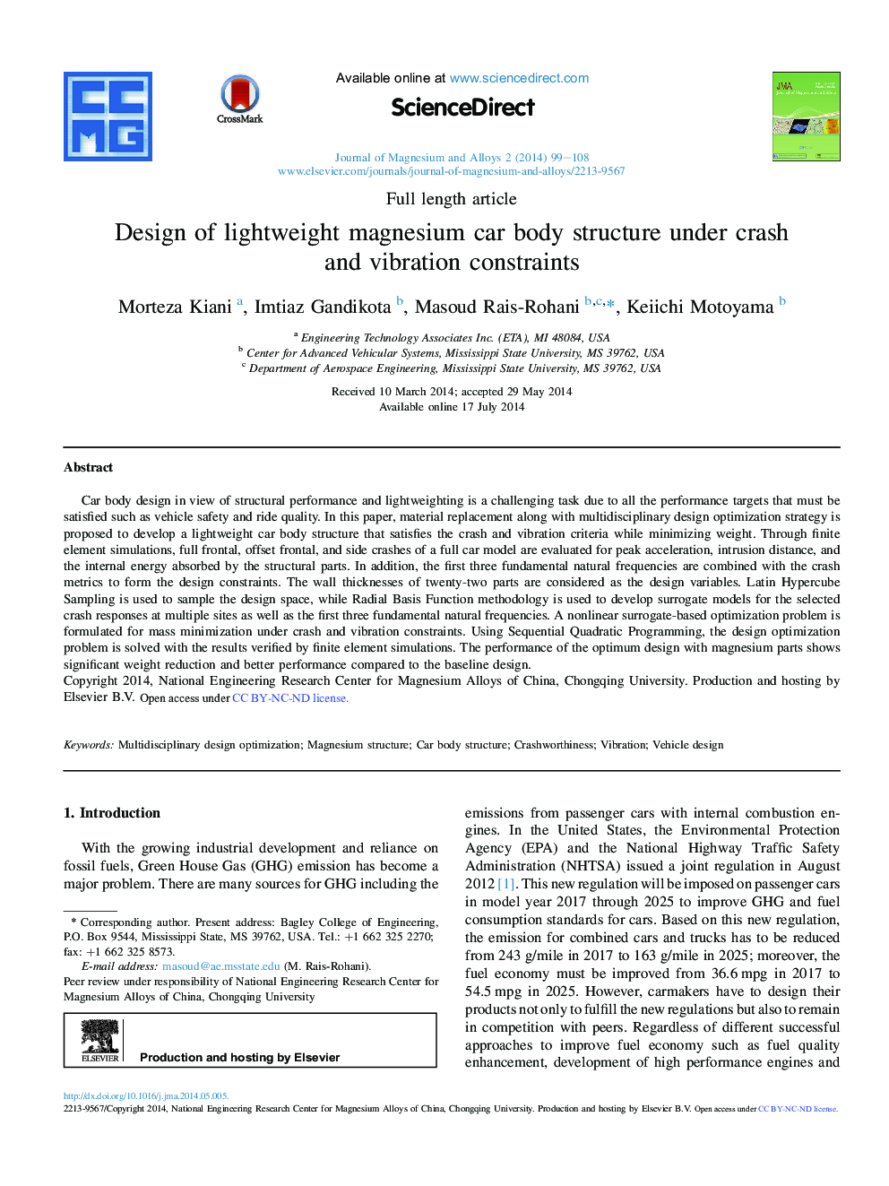 Design of lightweight magnesium car body structure under crash and vibration constraints 