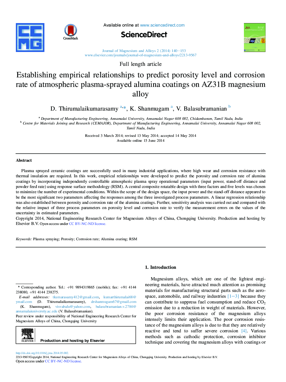 Establishing empirical relationships to predict porosity level and corrosion rate of atmospheric plasma-sprayed alumina coatings on AZ31B magnesium alloy 