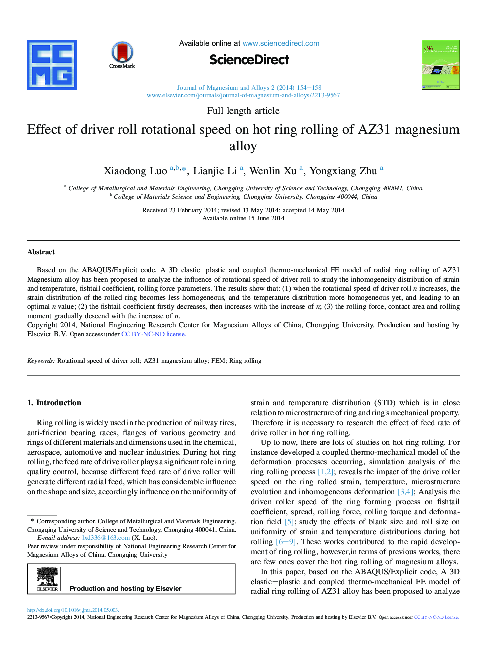 Effect of driver roll rotational speed on hot ring rolling of AZ31 magnesium alloy