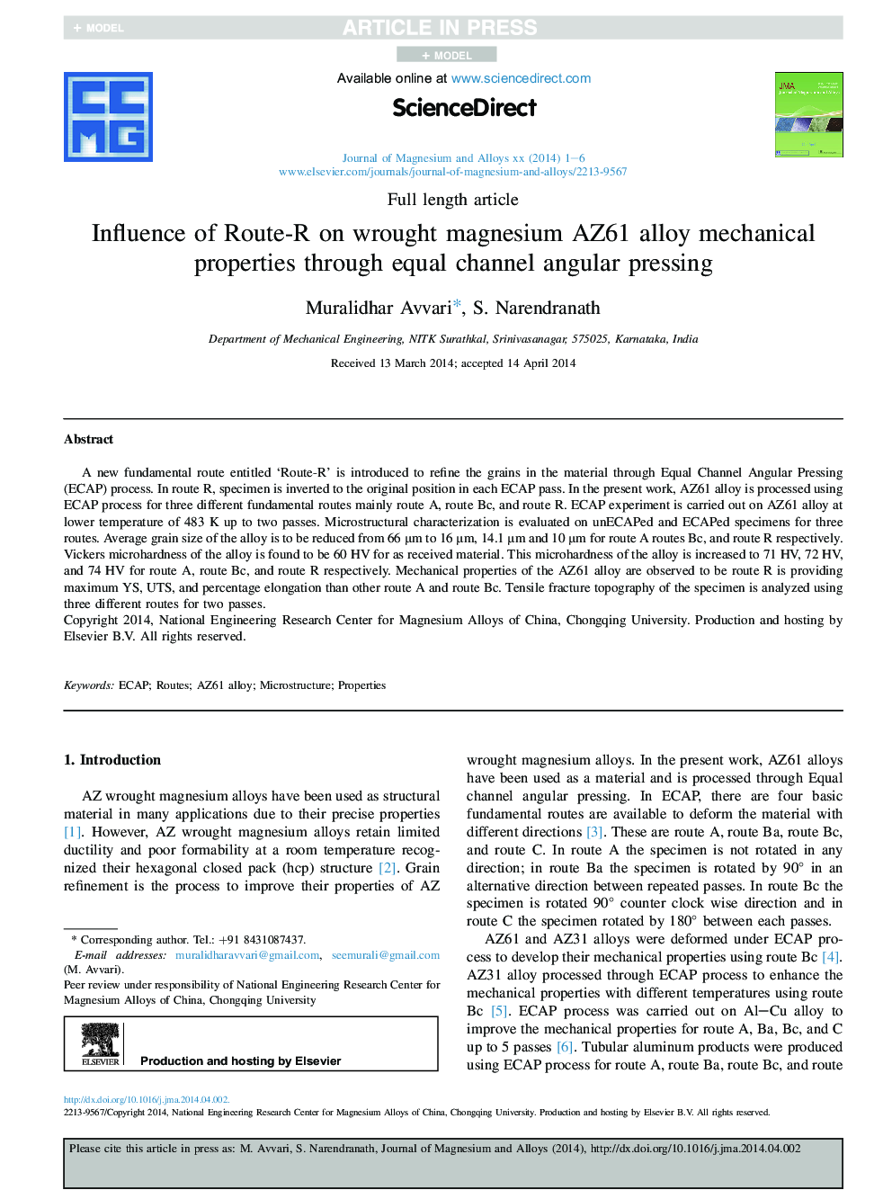 Influence of Route-R on wrought magnesium AZ61 alloy mechanical properties through equal channel angular pressing