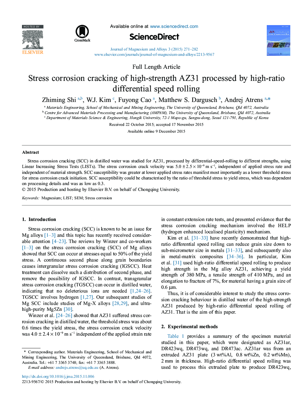 Stress corrosion cracking of high-strength AZ31 processed by high-ratio differential speed rolling