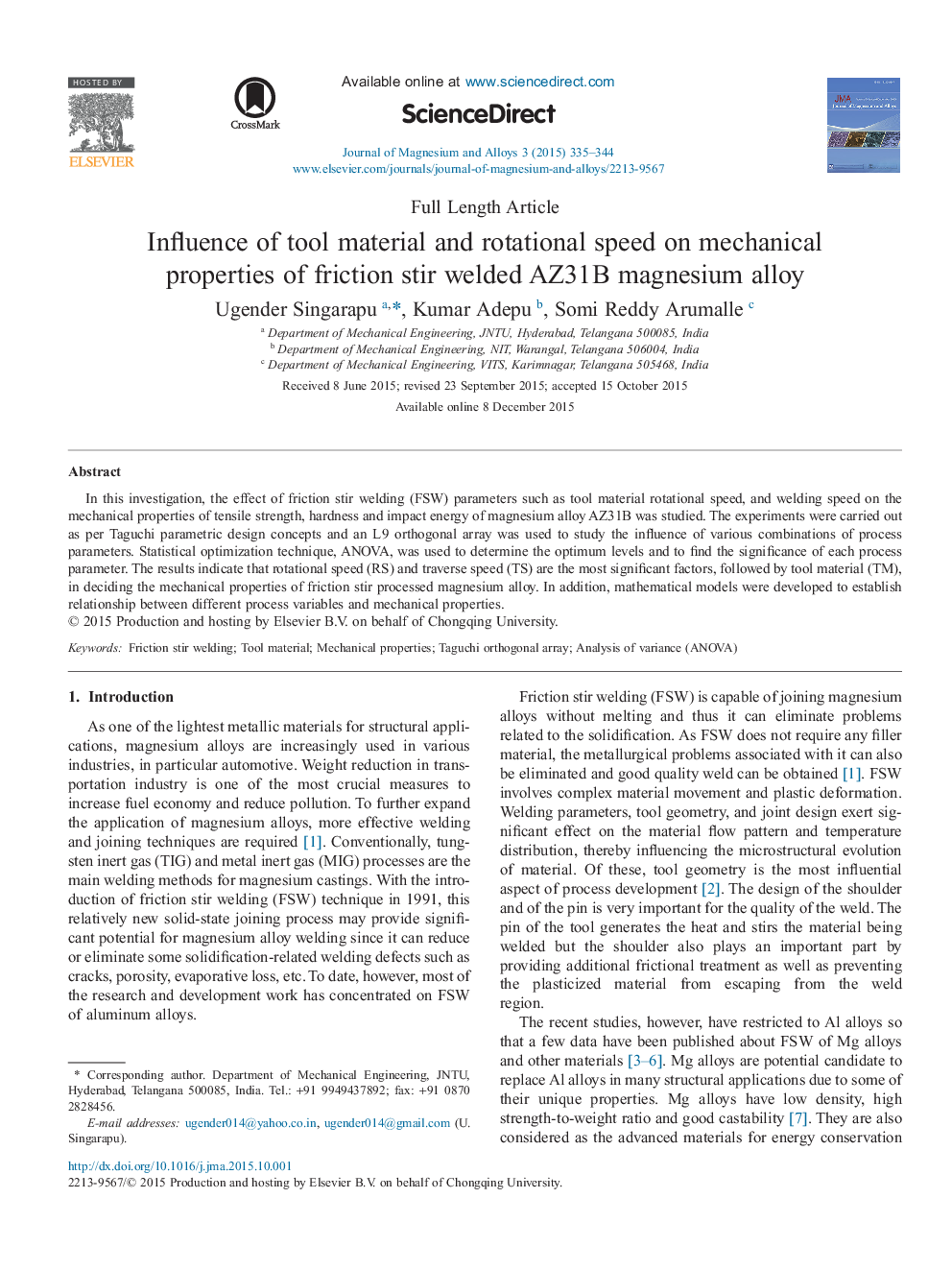 Influence of tool material and rotational speed on mechanical properties of friction stir welded AZ31B magnesium alloy