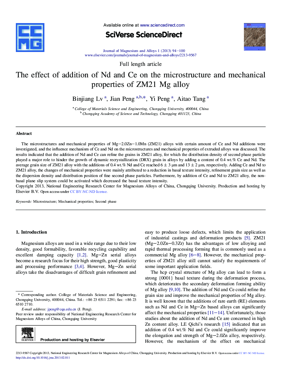 The effect of addition of Nd and Ce on the microstructure and mechanical properties of ZM21 Mg alloy 