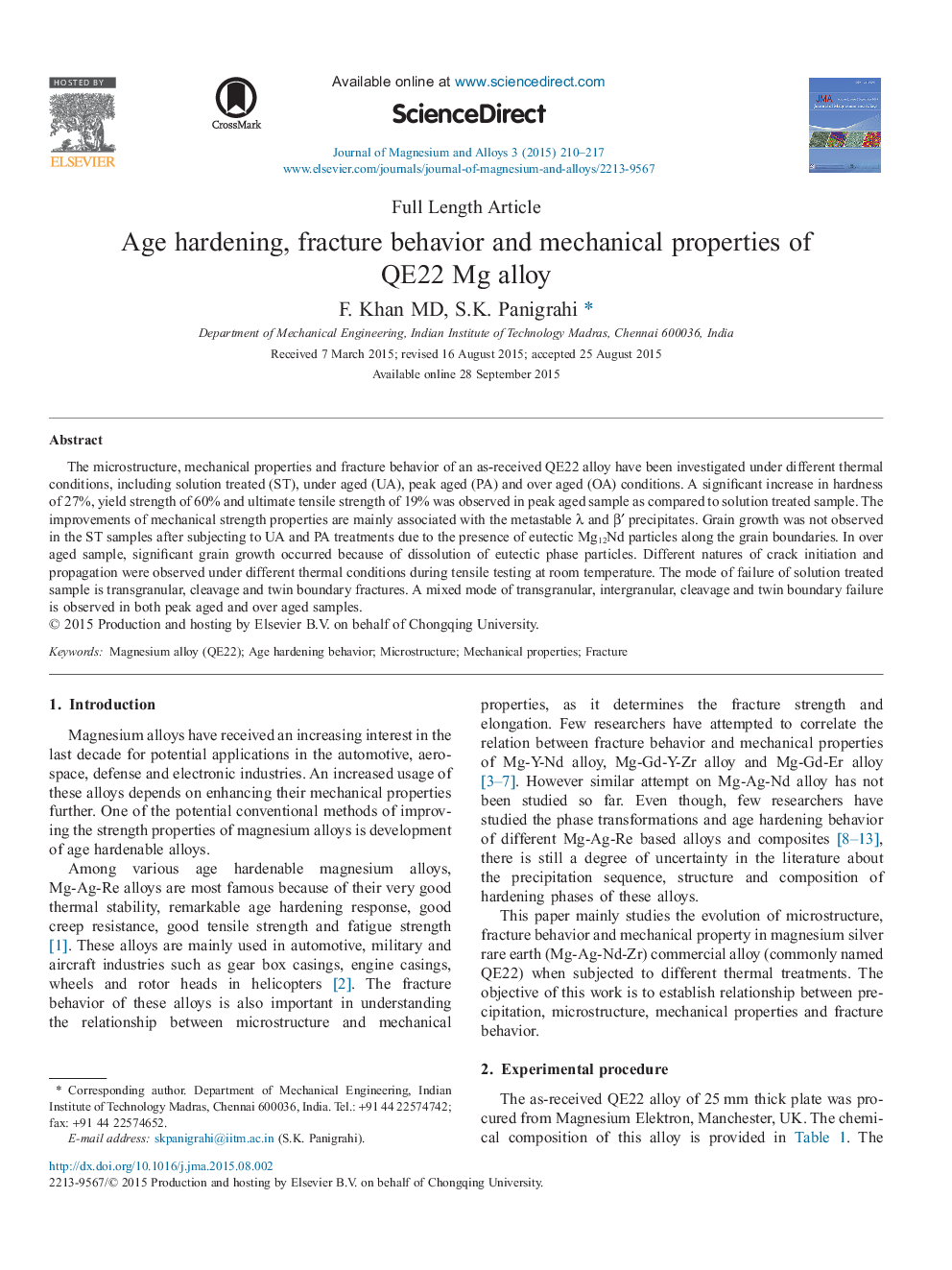 Age hardening, fracture behavior and mechanical properties of QE22 Mg alloy