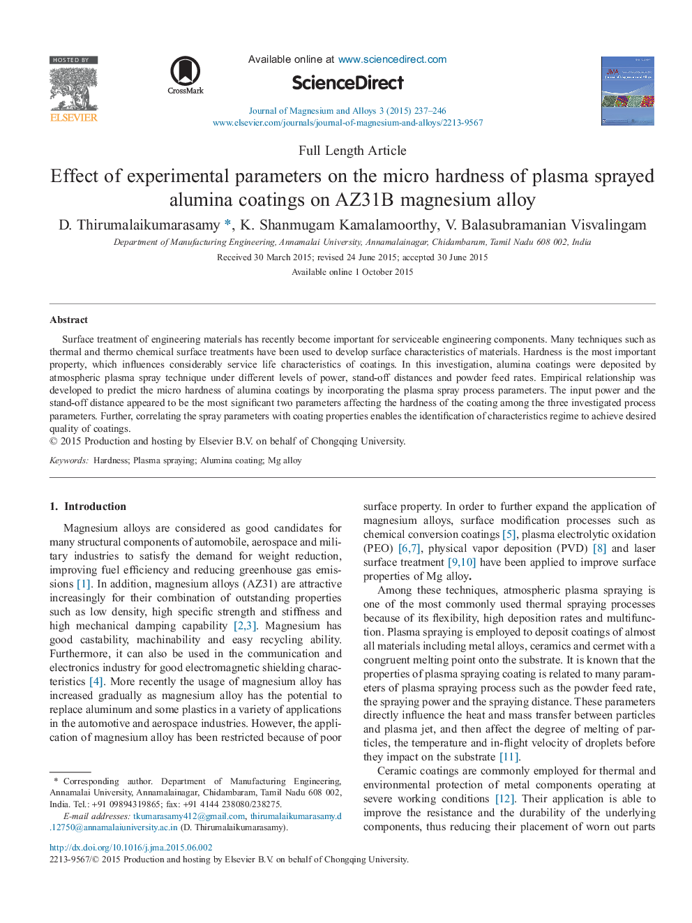 Effect of experimental parameters on the micro hardness of plasma sprayed alumina coatings on AZ31B magnesium alloy