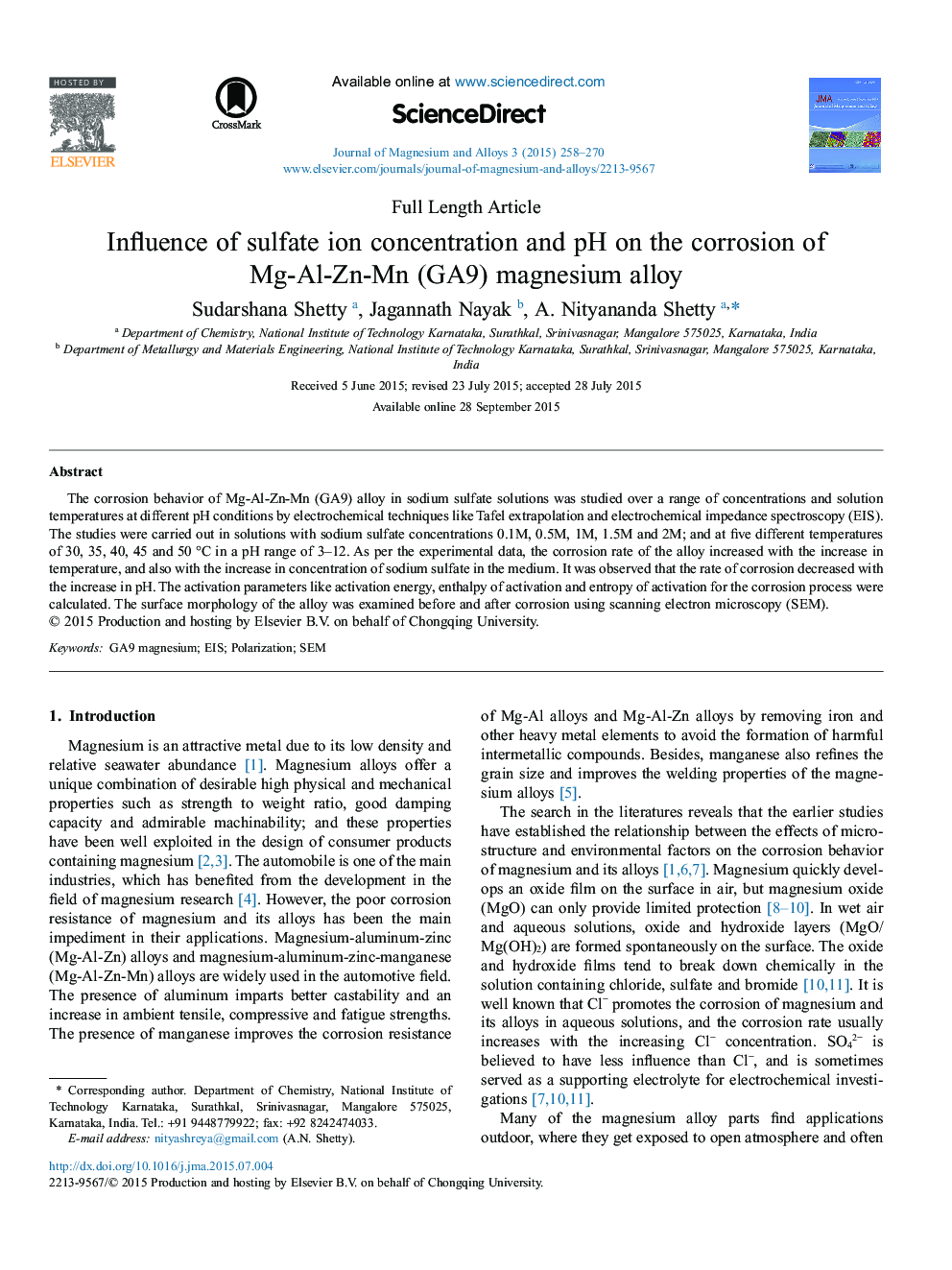 Influence of sulfate ion concentration and pH on the corrosion of Mg-Al-Zn-Mn (GA9) magnesium alloy