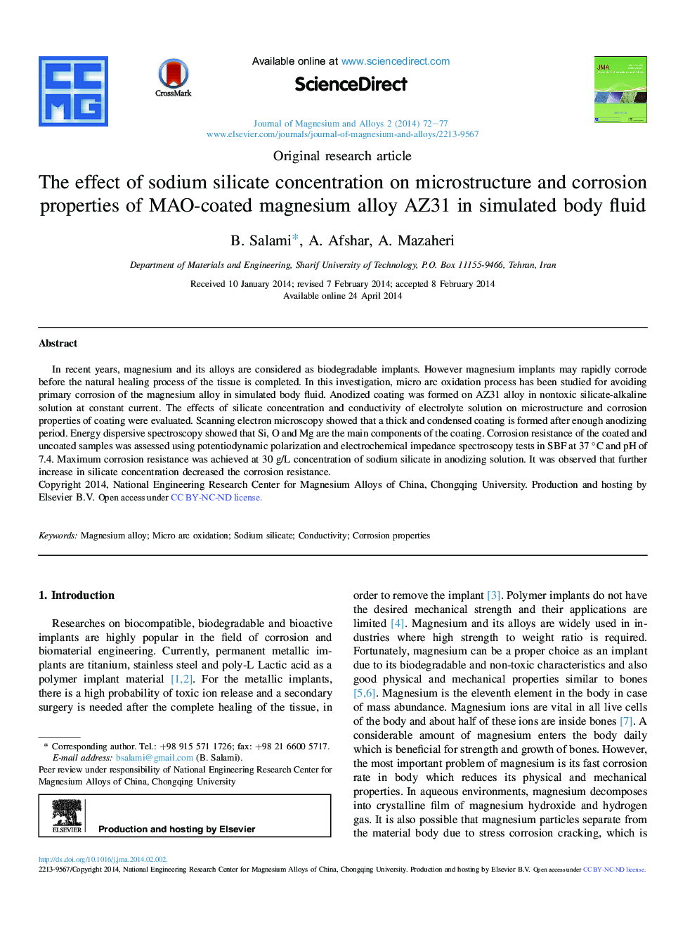 The effect of sodium silicate concentration on microstructure and corrosion properties of MAO-coated magnesium alloy AZ31 in simulated body fluid 