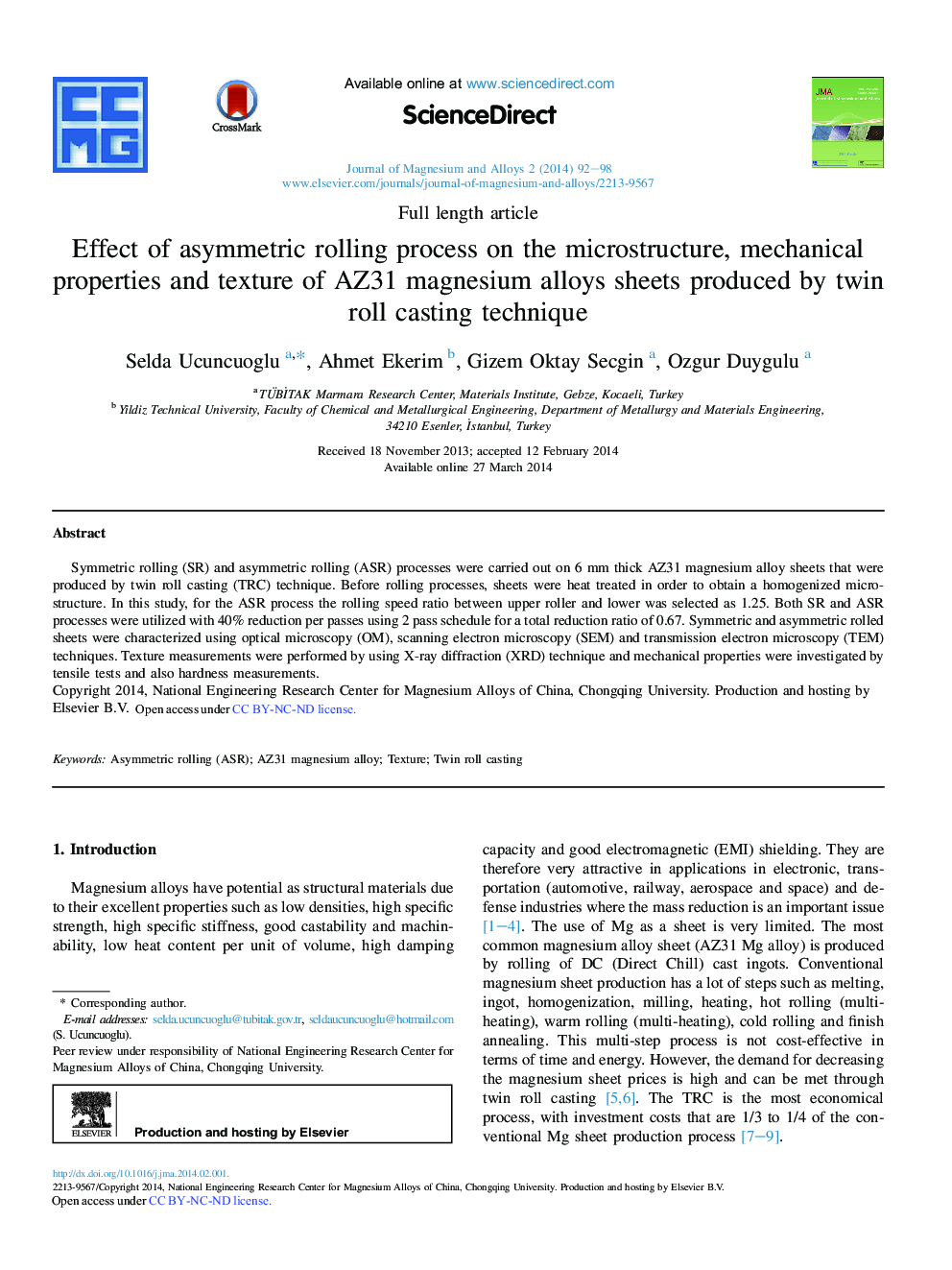 Effect of asymmetric rolling process on the microstructure, mechanical properties and texture of AZ31 magnesium alloys sheets produced by twin roll casting technique 