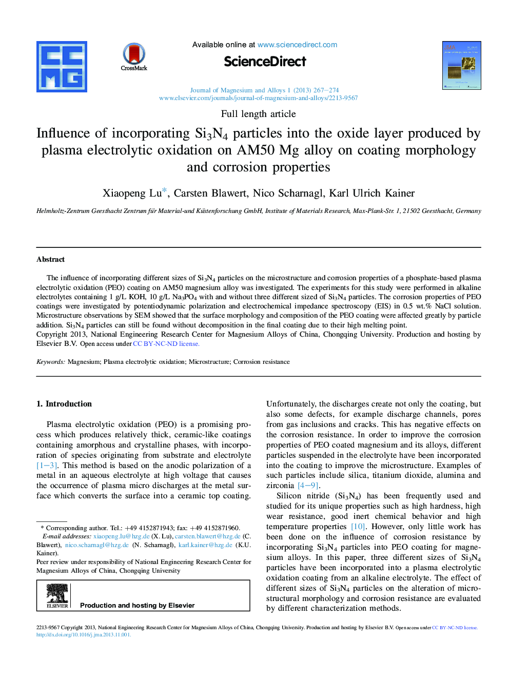 Influence of incorporating Si3N4 particles into the oxide layer produced by plasma electrolytic oxidation on AM50 Mg alloy on coating morphology and corrosion properties 