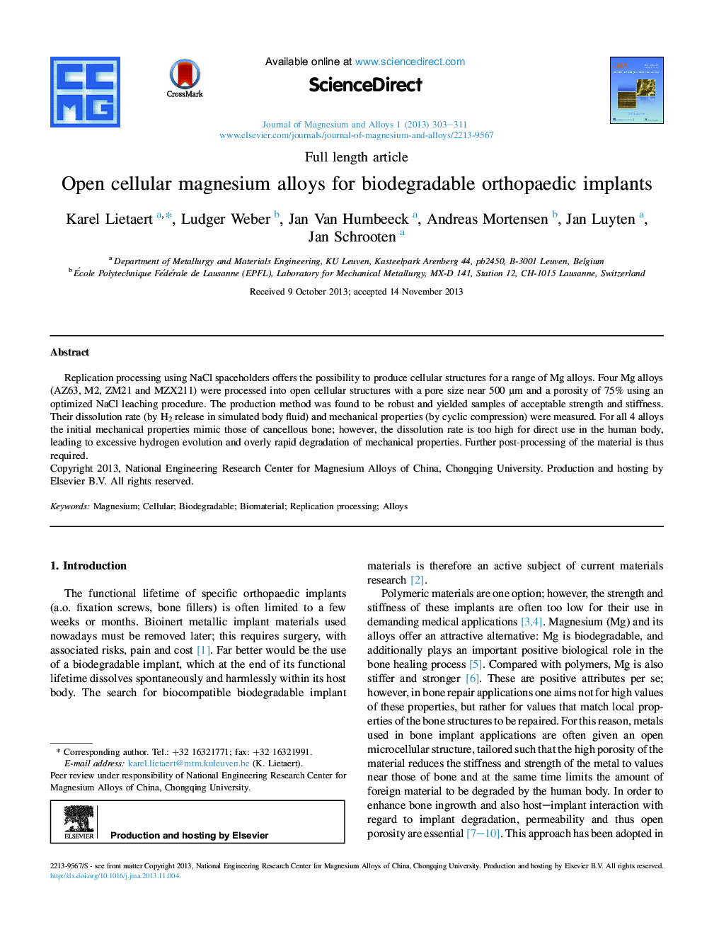 Open cellular magnesium alloys for biodegradable orthopaedic implants