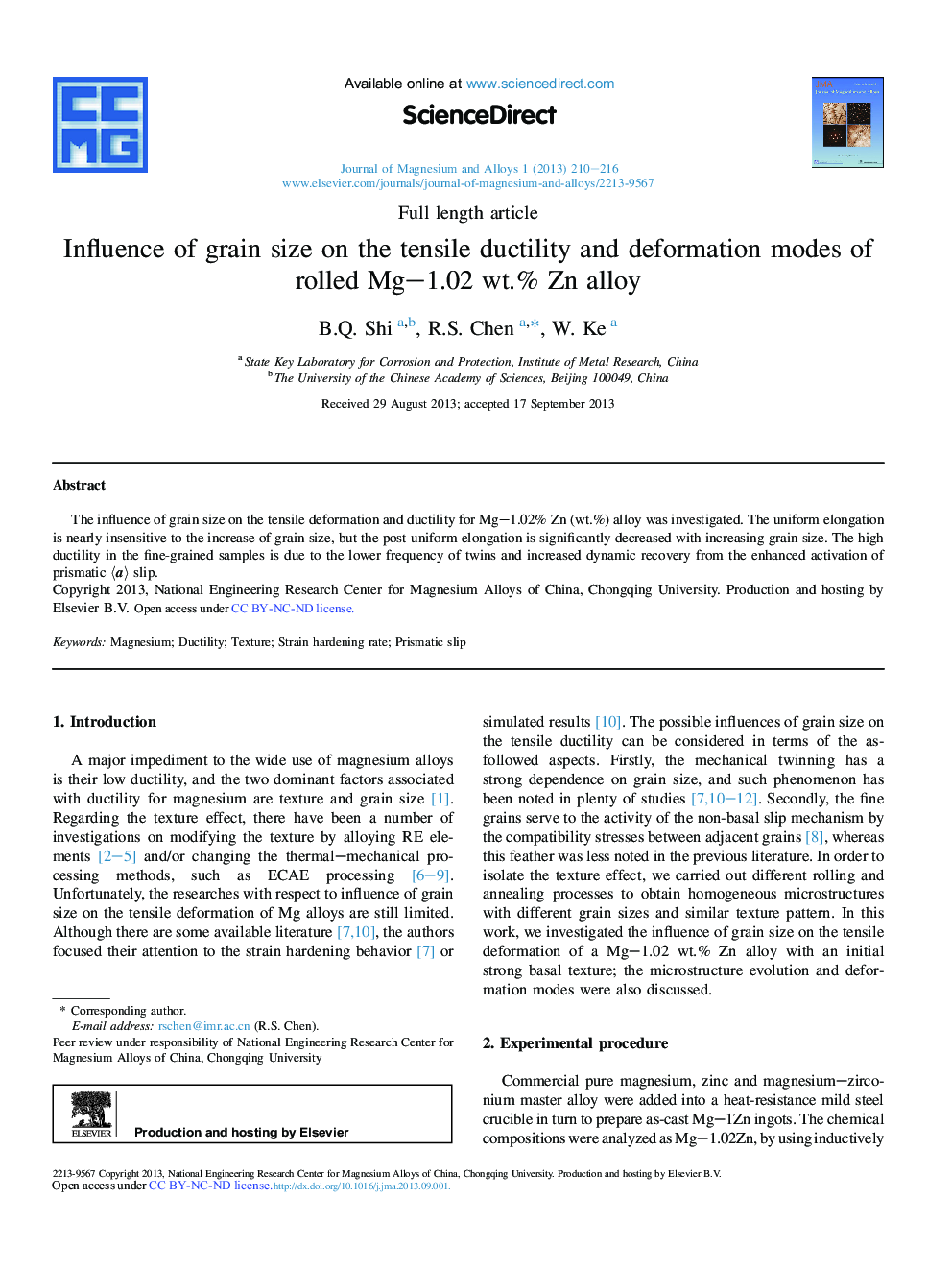 Influence of grain size on the tensile ductility and deformation modes of rolled Mg–1.02 wt.% Zn alloy 