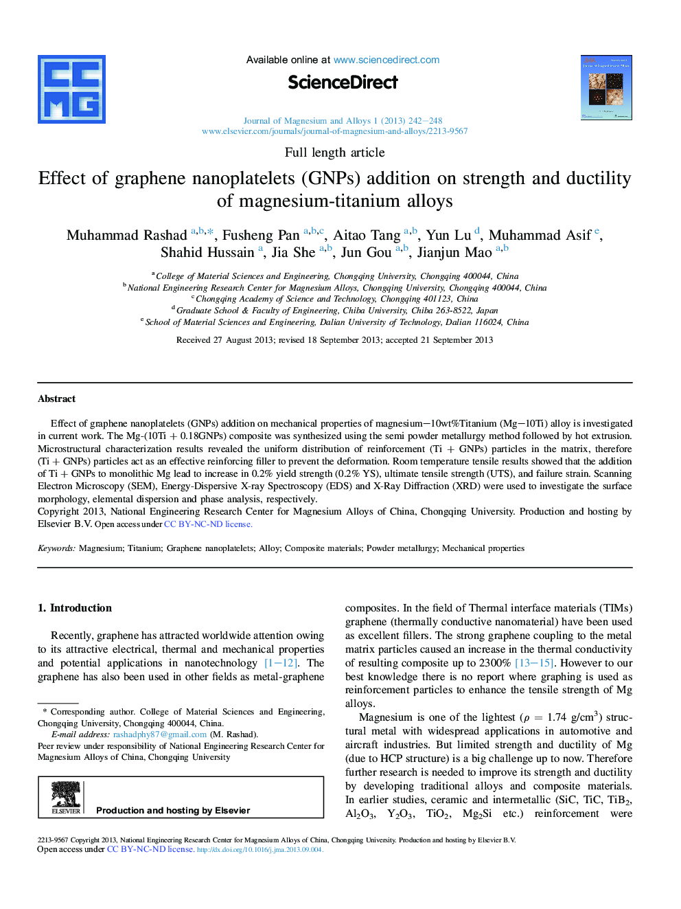 Effect of graphene nanoplatelets (GNPs) addition on strength and ductility of magnesium-titanium alloys 