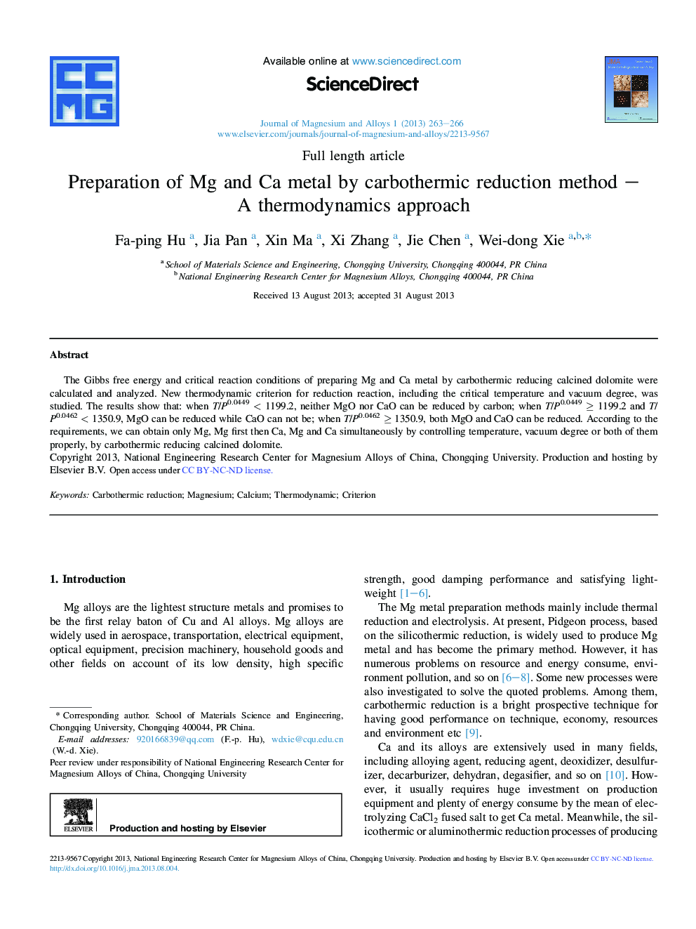 Preparation of Mg and Ca metal by carbothermic reduction method – A thermodynamics approach 