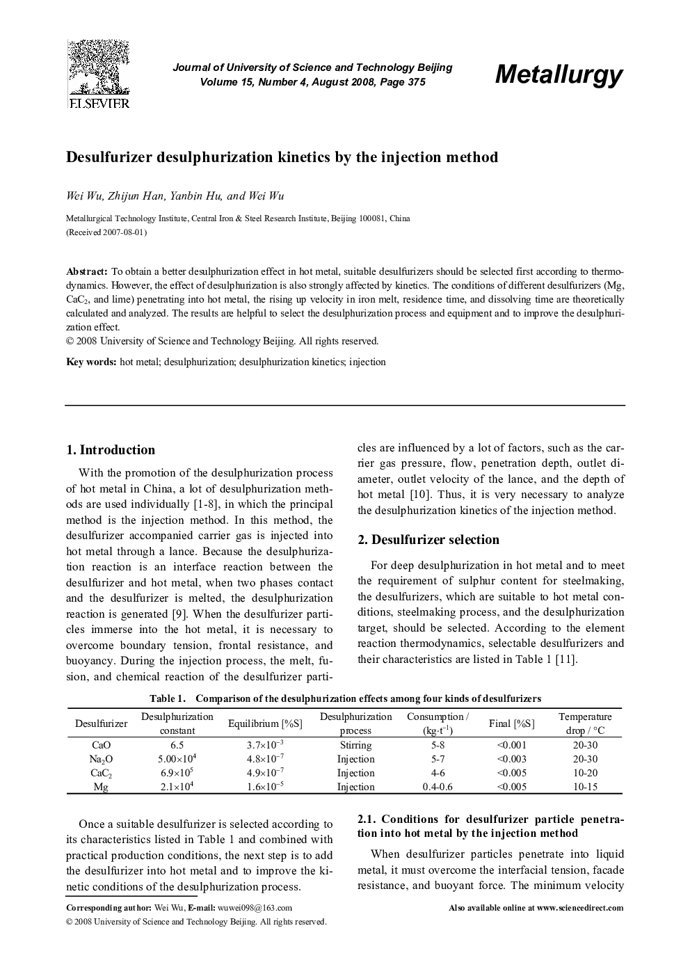 Desulfurizer desulphurization kinetics by the injection method