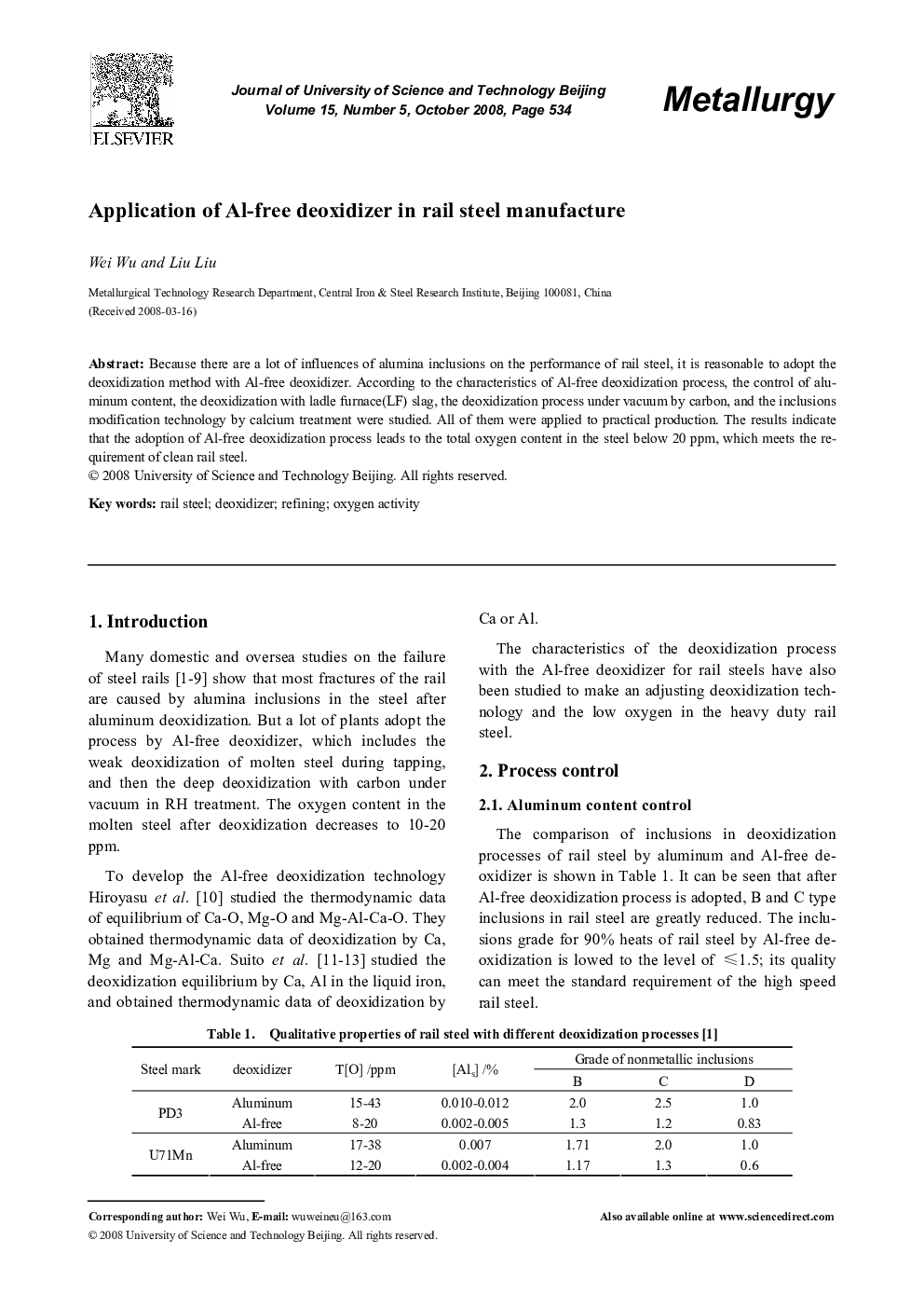 Application of Al-free deoxidizer in rail steel manufacture