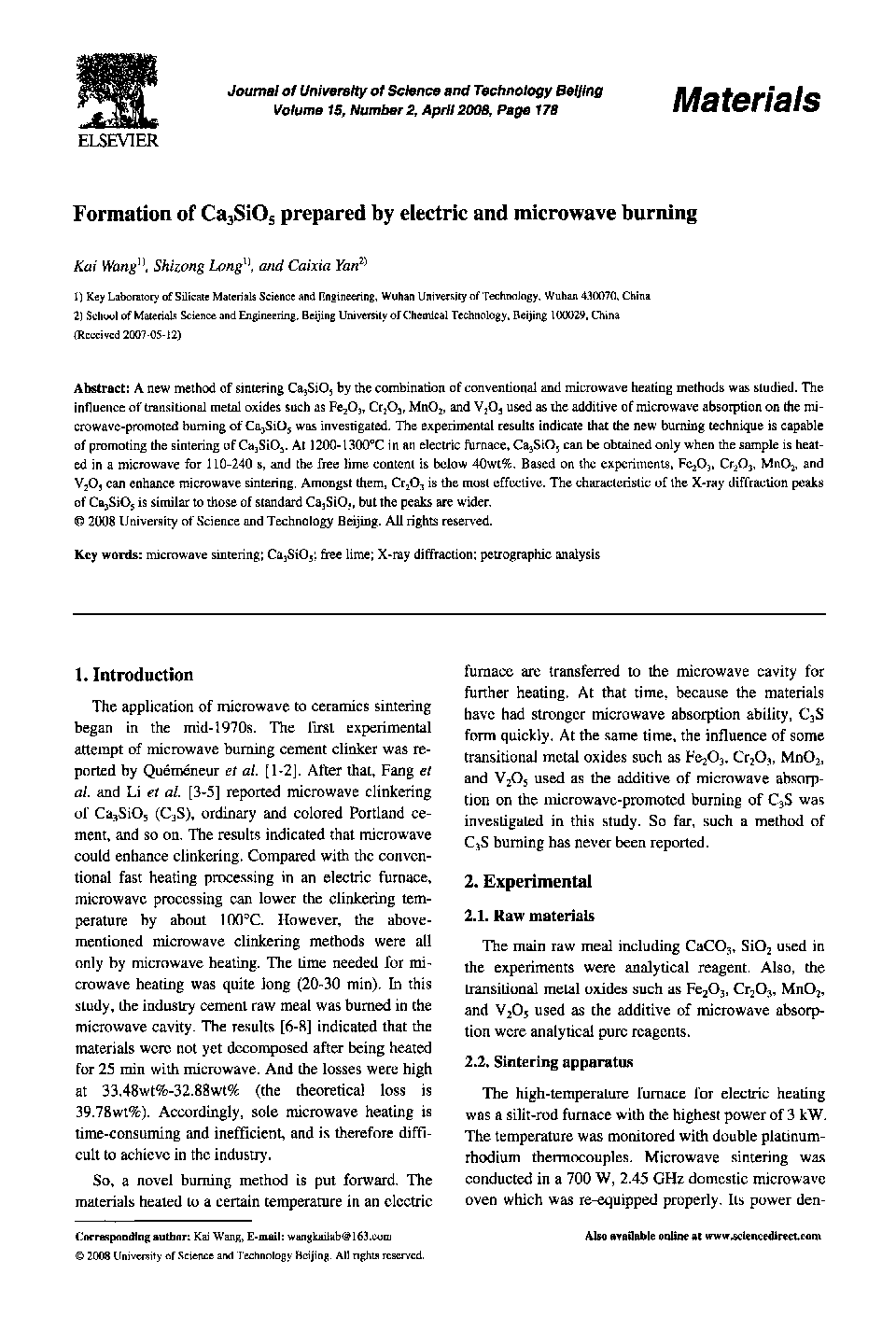 Formation of Ca3SiO5 prepared by electric and microwave burning