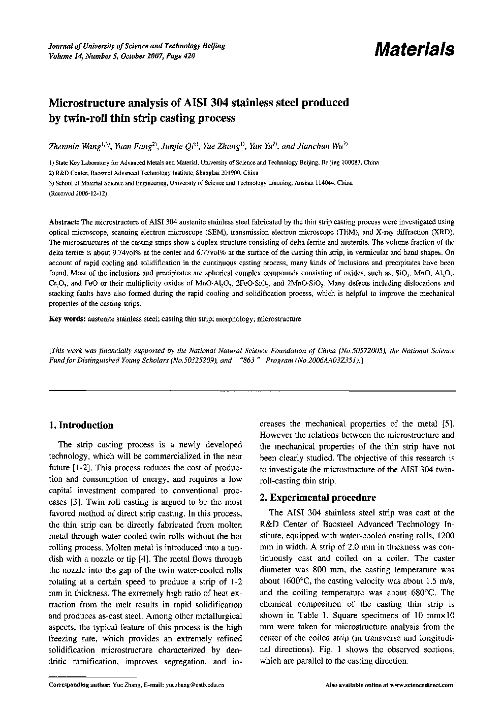عکس صفحه اول مقاله: Microstructure analysis of AISI 304 stainless steel produced by twin-roll thin strip casting process Microstructure analysis of AISI 304 stainless steel produced by twin-roll thin strip casting process