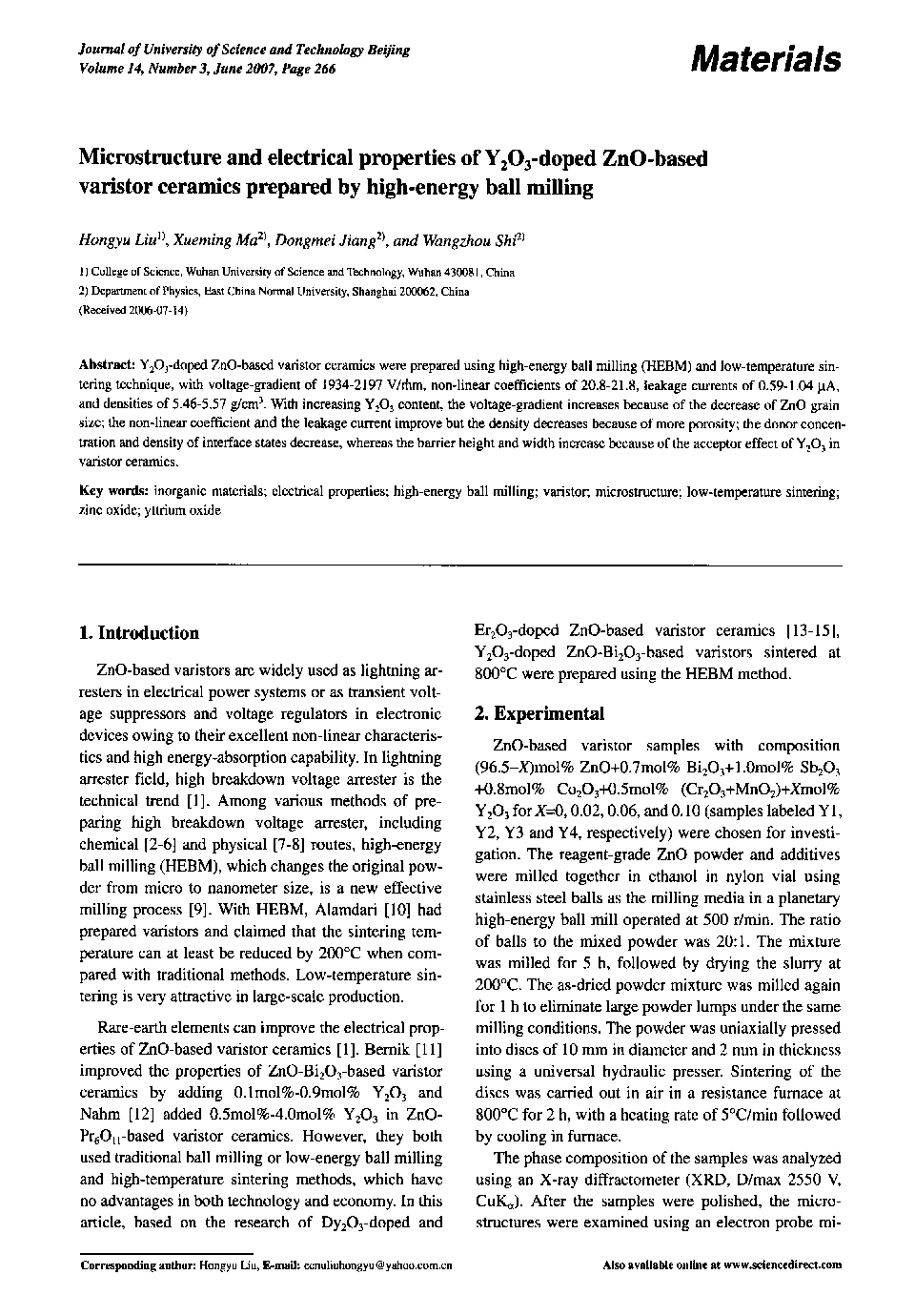 Microstructure and electrical properties of Y2O3-doped ZnO-based varistor ceramics prepared by high-energy ball milling