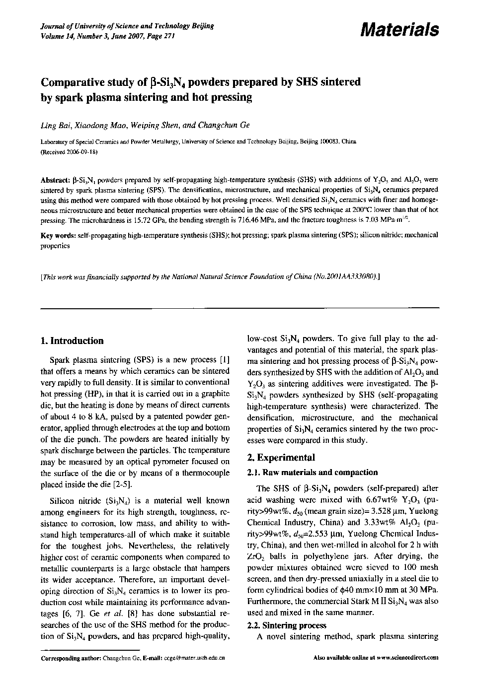 عکس صفحه اول مقاله: Comparative study of β-Si3N4 powders prepared by SHS sintered by spark plasma sintering and hot pressing Comparative study of β-Si3N4 powders prepared by SHS sintered by spark plasma sintering and hot pressing