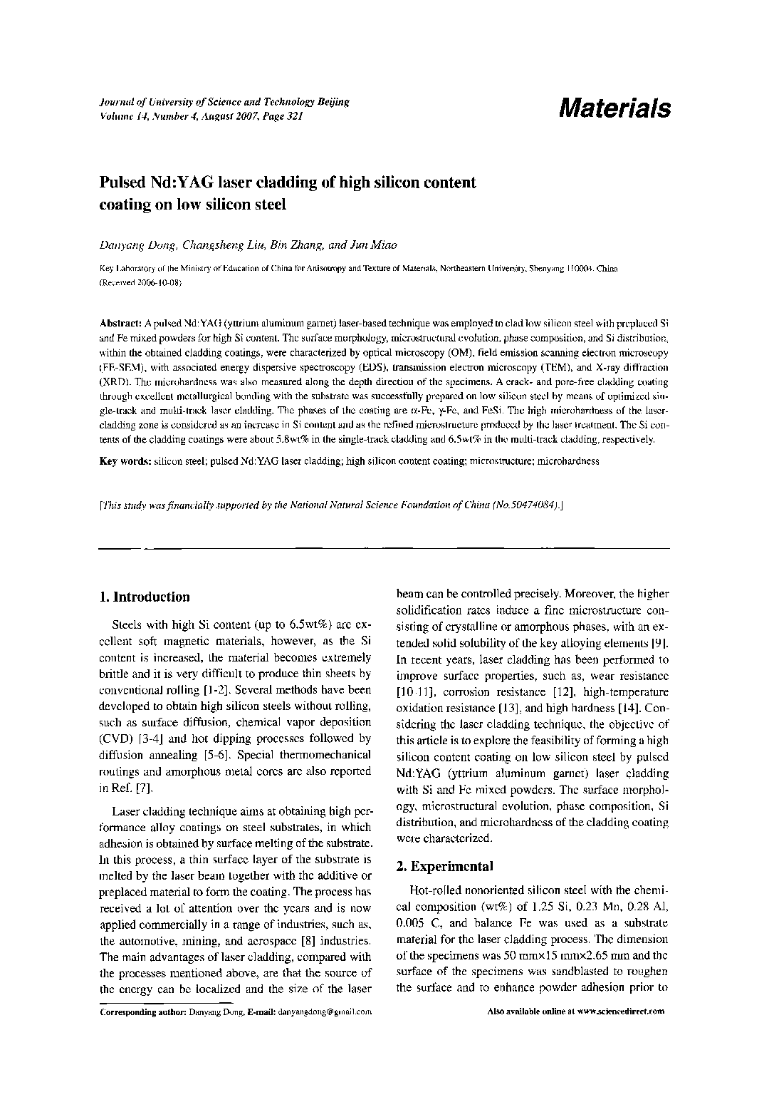 عکس صفحه اول مقاله: Pulsed Nd:YAG laser cladding of high silicon content coating on low silicon steel Pulsed Nd:YAG laser cladding of high silicon content coating on low silicon steel