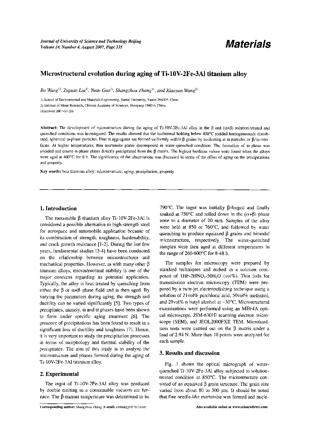 Microstructural evolution during aging of Ti-10V-2Fe-3Al titanium alloy