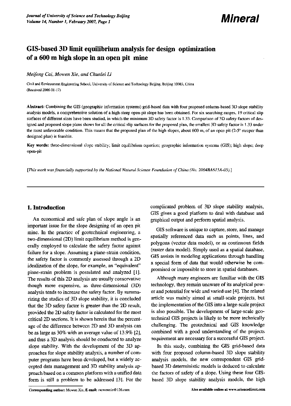 GIS-based 3D limit equilibrium analysis for design optimization of a 600 m high slope in an open pit mine