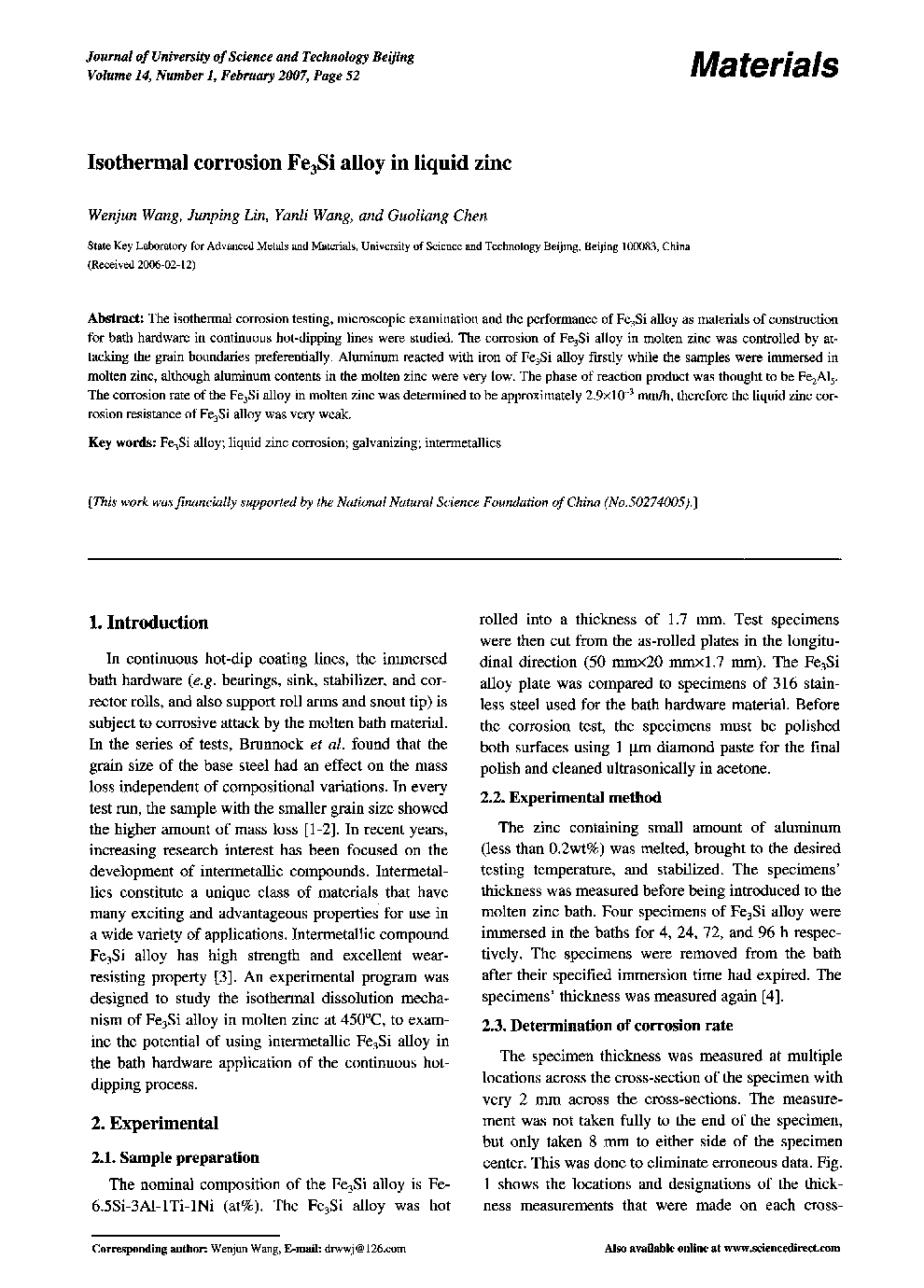 Isothermal corrosion Fe3Si alloy in liquid zinc