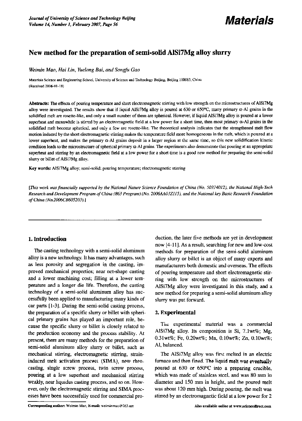 New method for the preparation of semi-solid AlSi7Mg alloy slurry