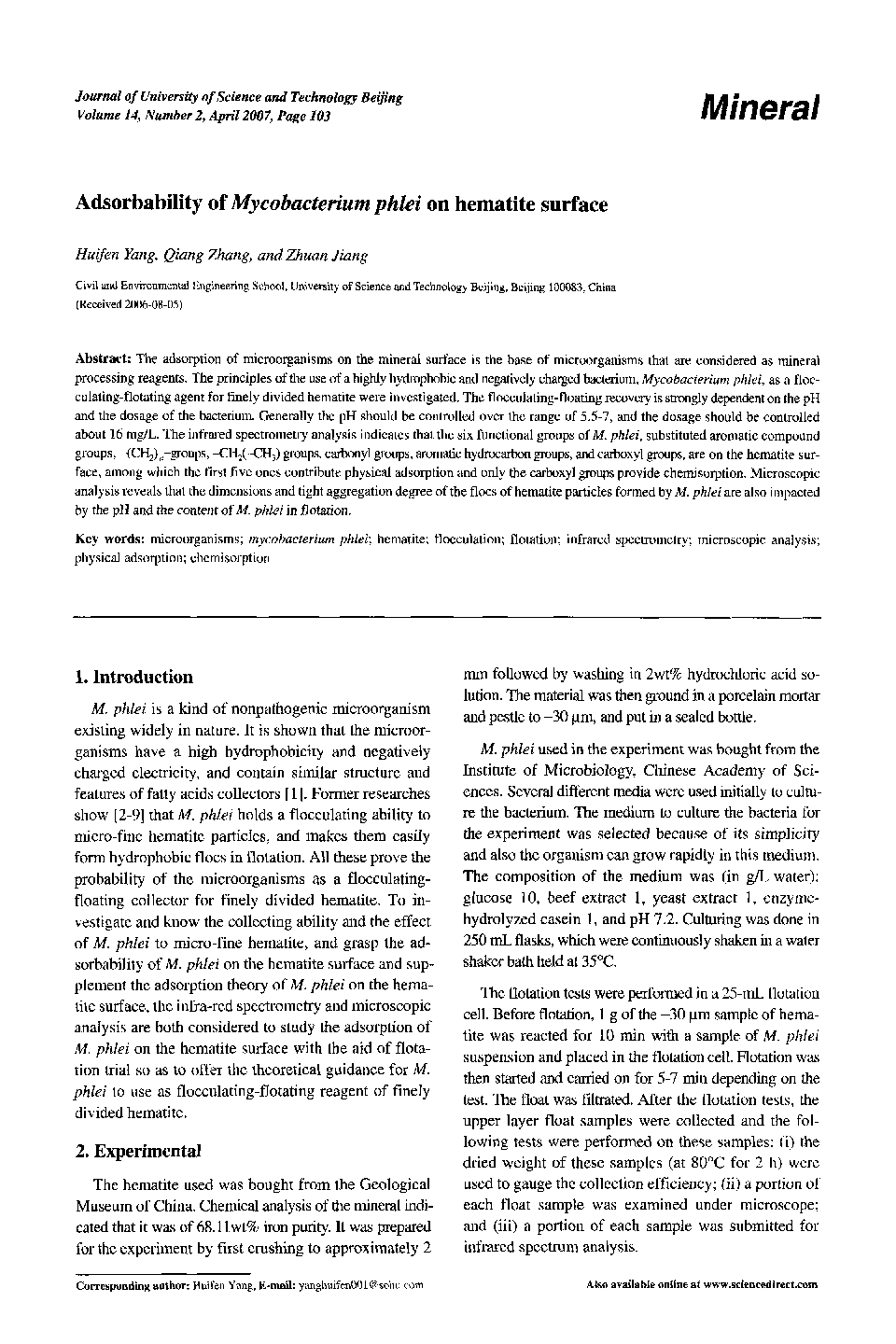 Adsorbability of Mycobacterium phlei on hematite surface