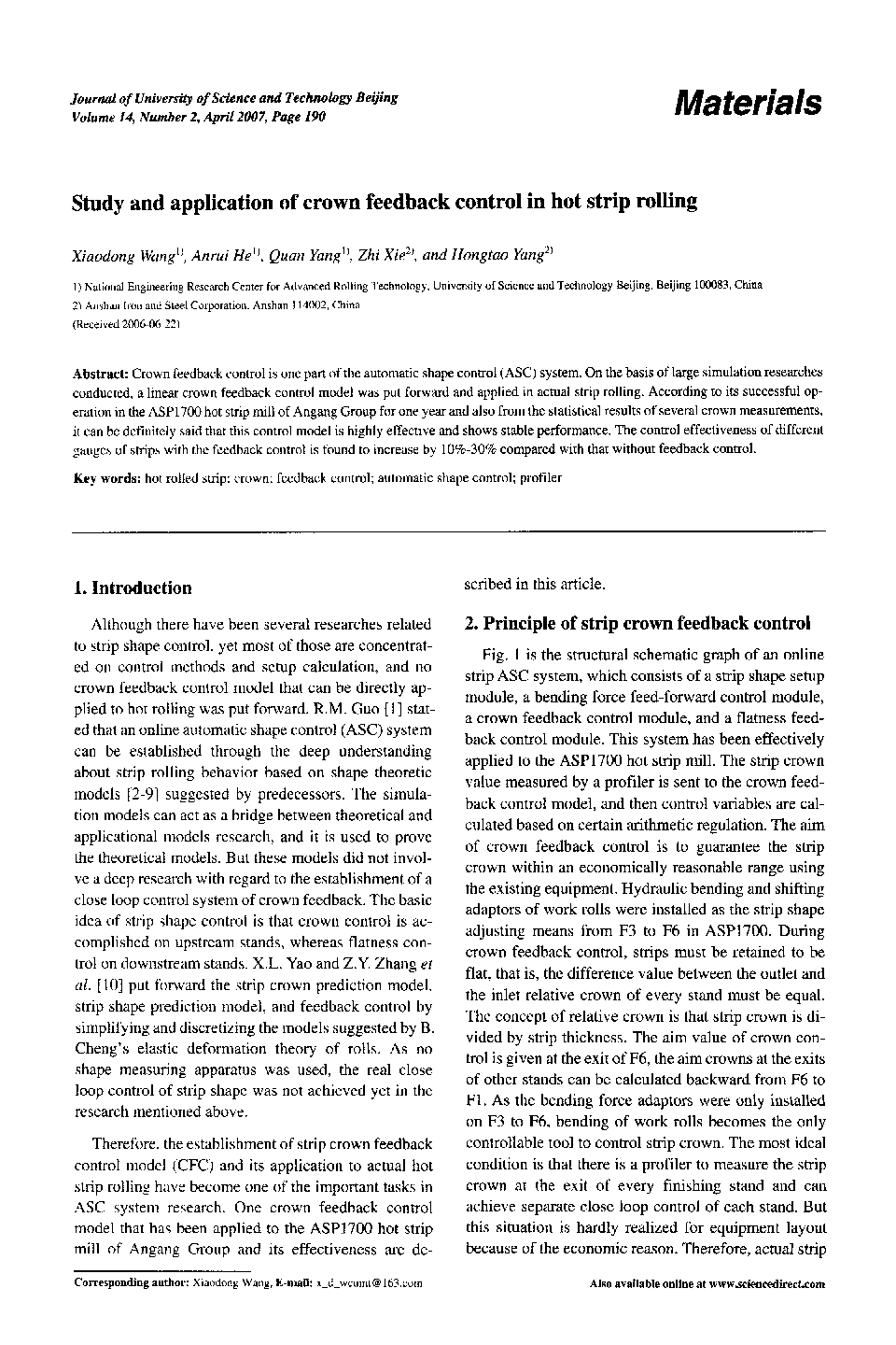 Study and application of crown feedback control in hot strip rolling