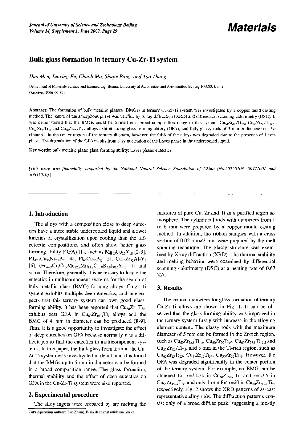 Bulk glass formation in ternary Cu-Zr-Ti system