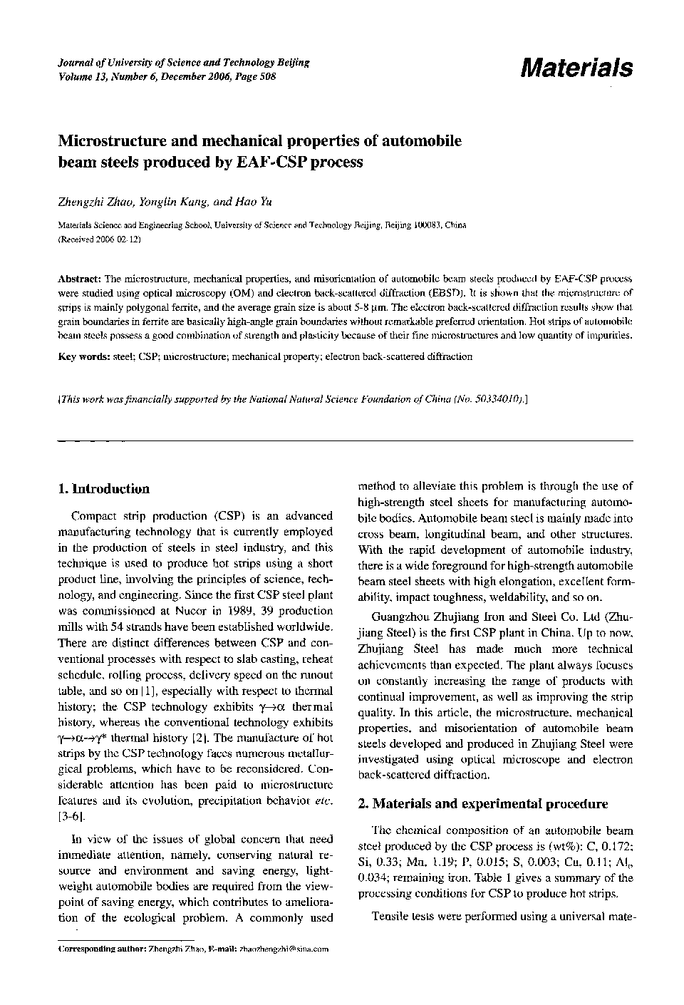 Microstructure and mechanical properties of automobile beam steels produced by EAF-CSP process