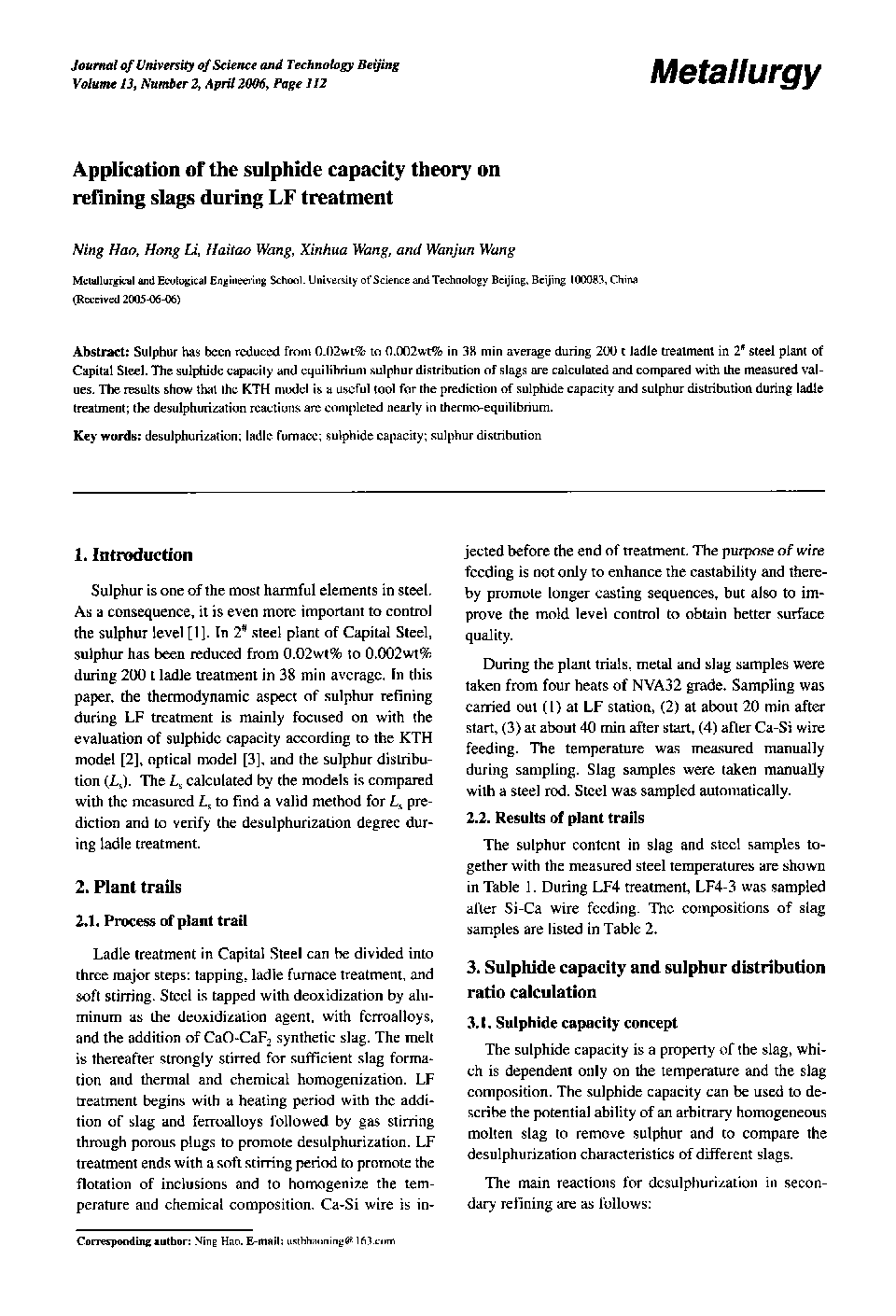 Application of the sulphide capacity theory on refining slags during LF treatment