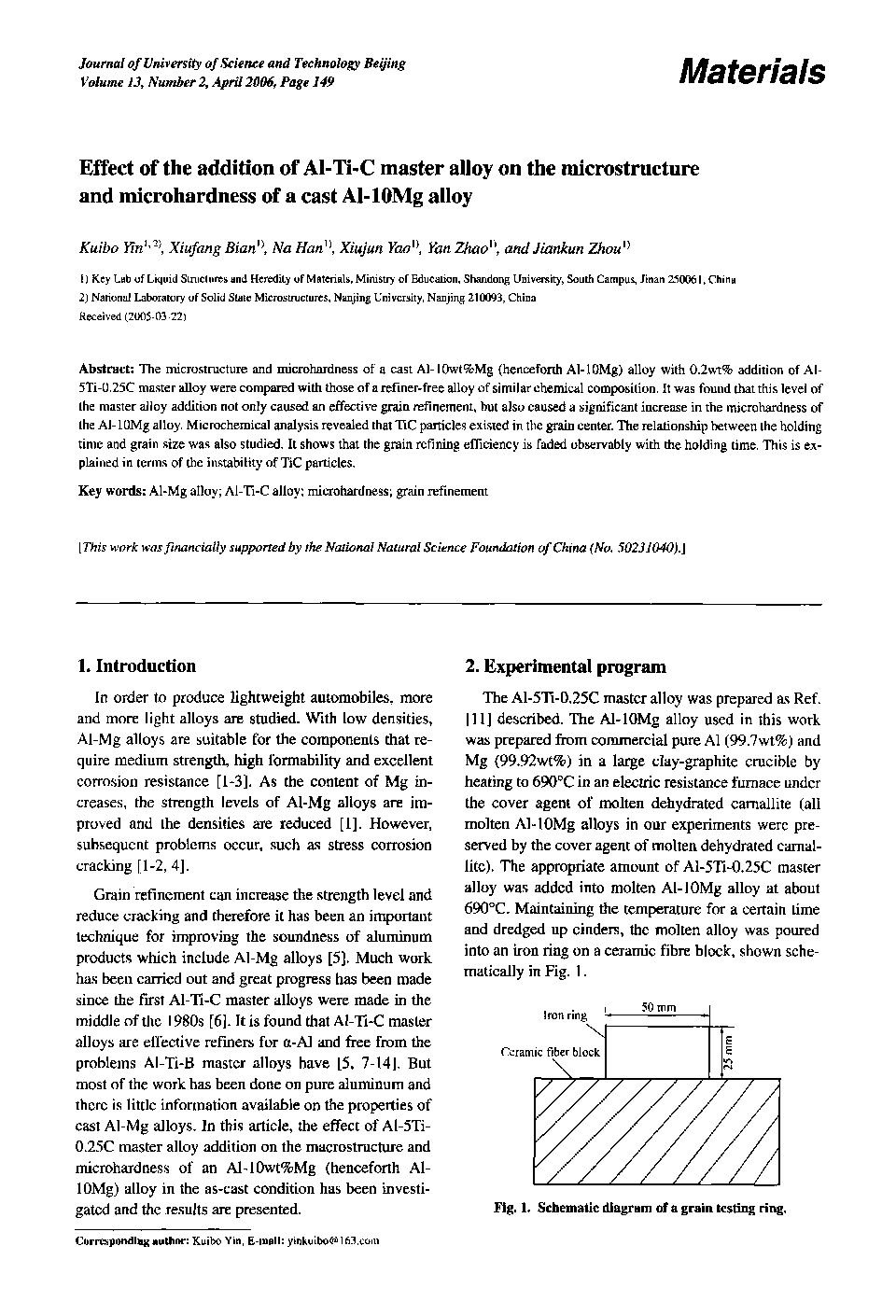 Effect of the addition of Al-Ti-C master alloy on the microstructure and microhardness of a cast Al-10Mg alloy