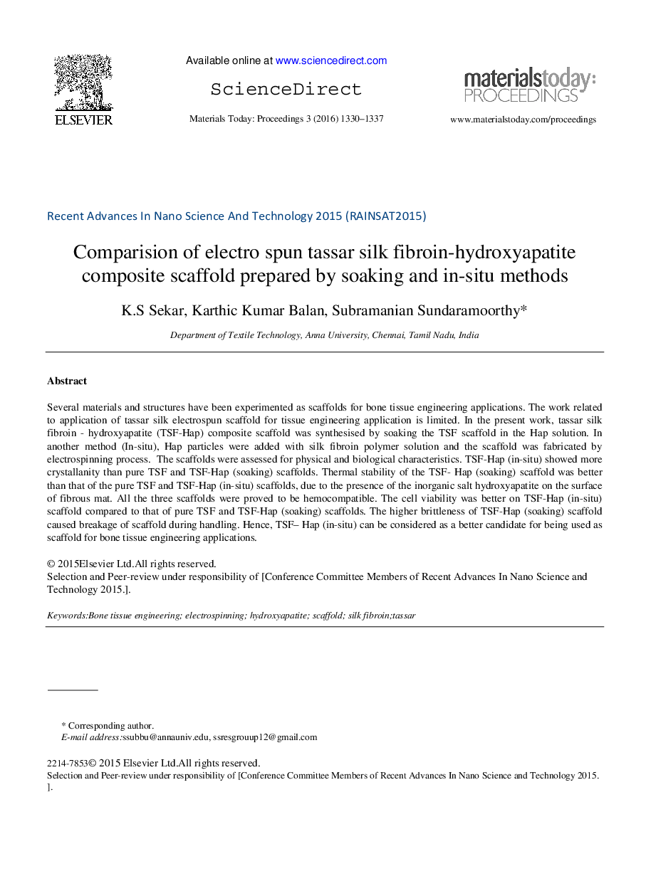 Comparision of electro spun tassar silk fibroin-hydroxyapatite composite scaffold prepared by soaking and in-situ methods