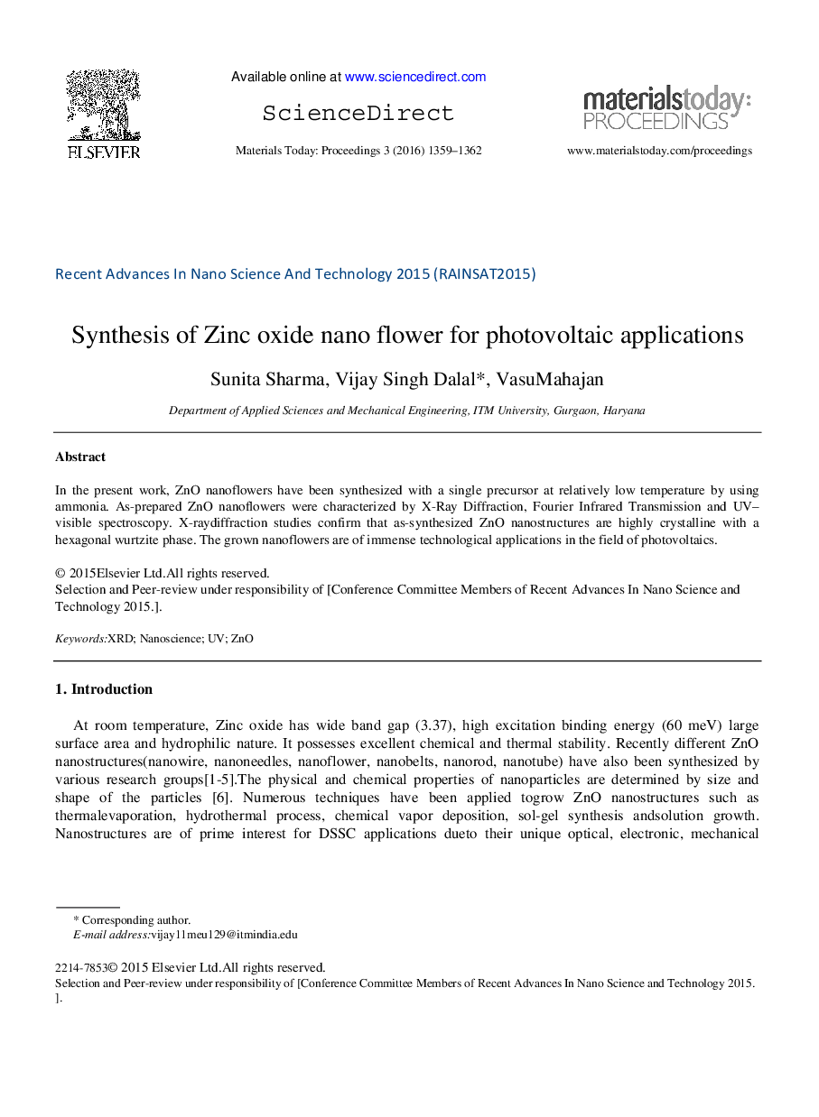 Synthesis of Zinc oxide nano flower for photovoltaic applications 