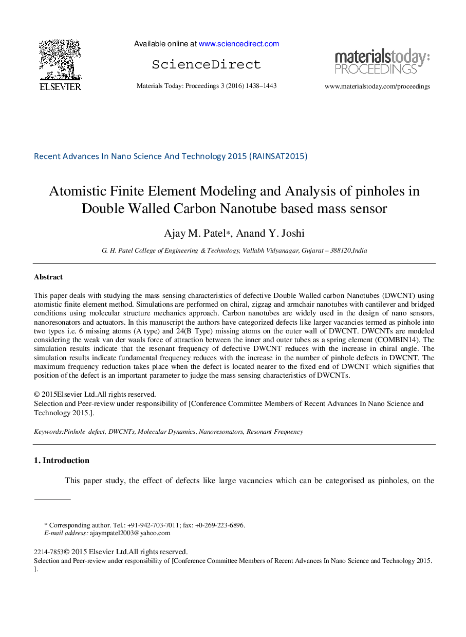 Atomistic Finite Element Modeling and Analysis of pinholes in Double Walled Carbon Nanotube based mass sensor 