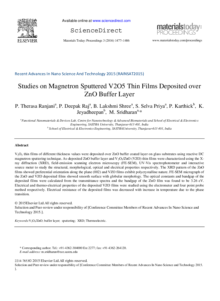 عکس صفحه اول مقاله: Studies on Magnetron Sputtered V2O5 Thin Films Deposited over ZnO Buffer Layer Studies on Magnetron Sputtered V2O5 Thin Films Deposited over ZnO Buffer Layer