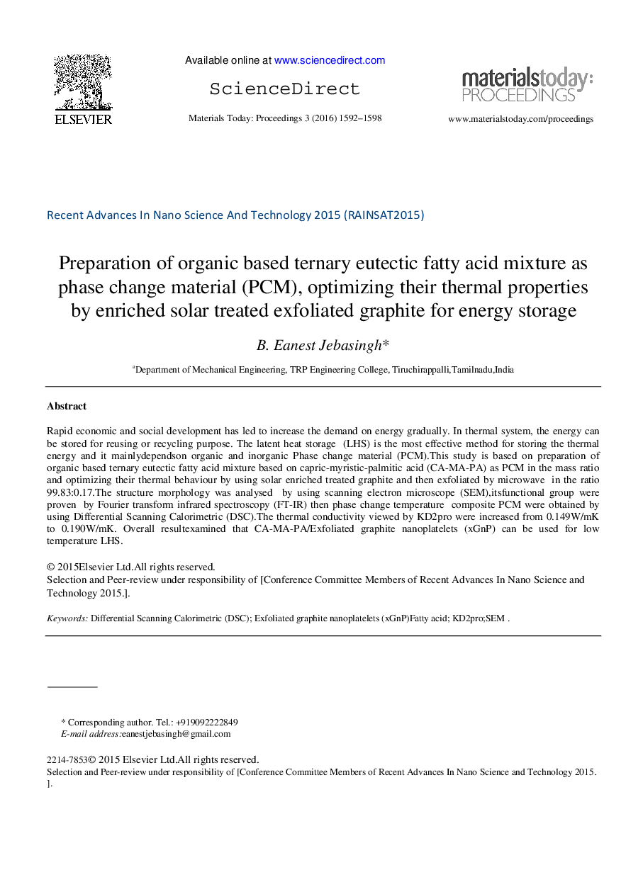 Preparation of organic based ternary eutectic fatty acid mixture as phase change material (PCM), optimizing their thermal properties by enriched solar treated exfoliated graphite for energy storage 