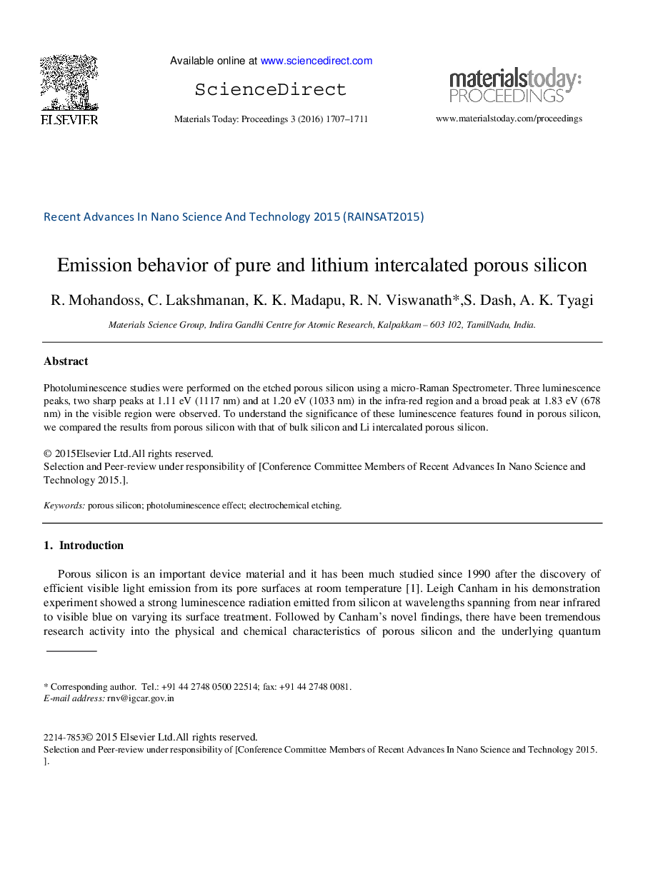 Emission behavior of pure and lithium intercalated porous silicon 