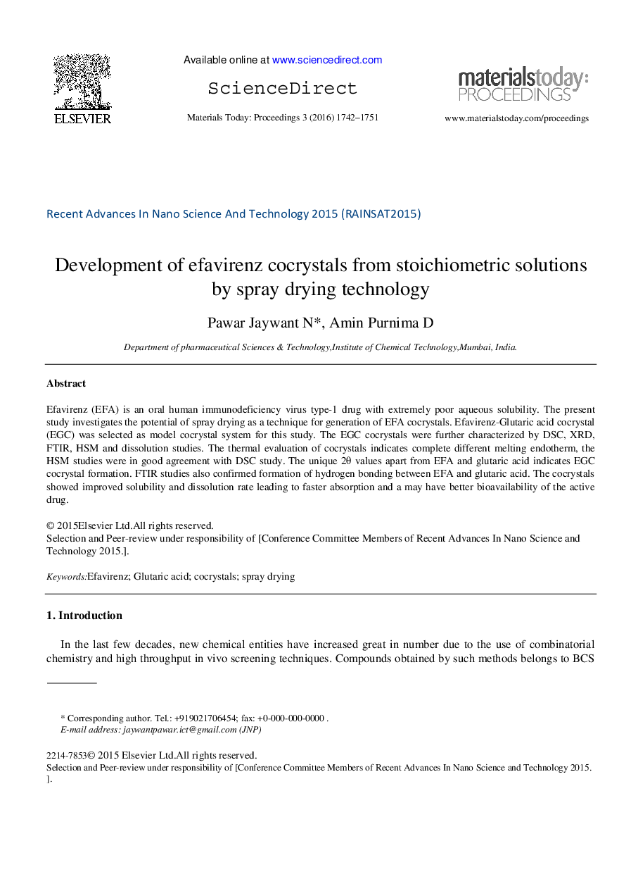 Development of efavirenz cocrystals from stoichiometric solutions by spray drying technology 