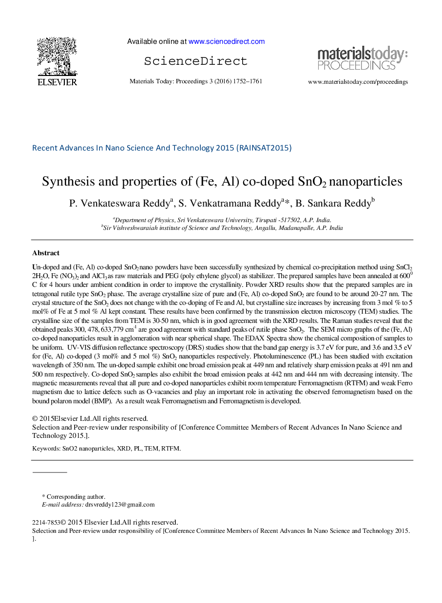 Synthesis and properties of (Fe, Al) co-doped SnO2 nanoparticles 