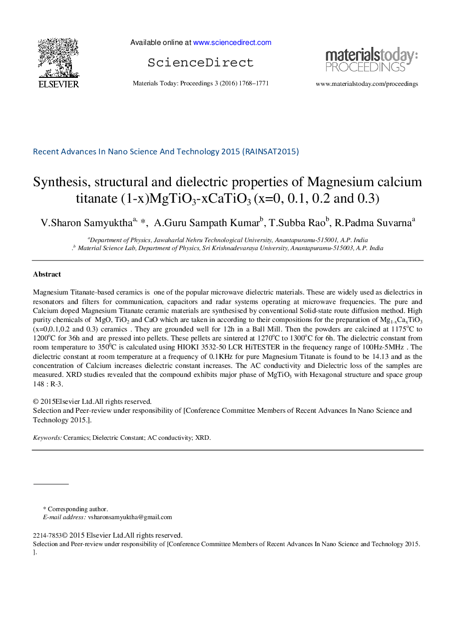 سنتز، خواص ساختاری و دی الکتریک تیتانات کلسیم منیزیوم (1-x) MgTiO3-xCaTiO3 (x = 0، 0.1، 0.2 و 0.3)