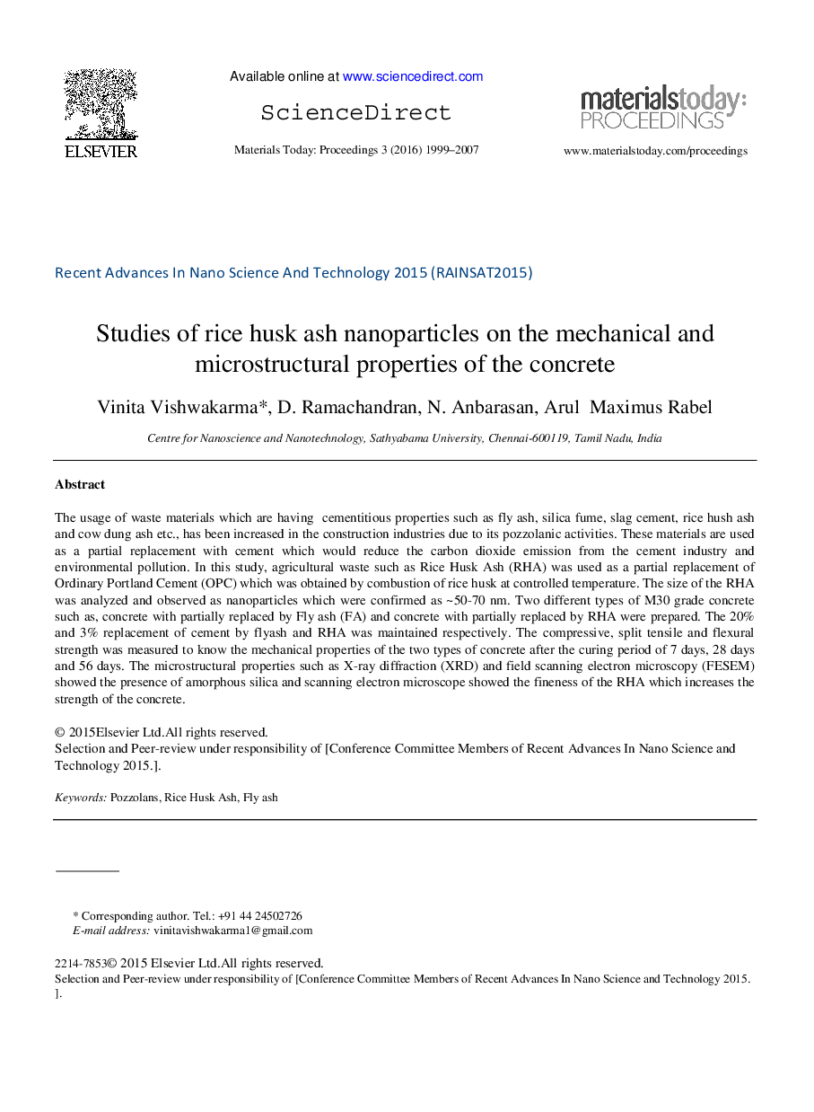 Studies of rice husk ash nanoparticles on the mechanical and microstructural properties of the concrete