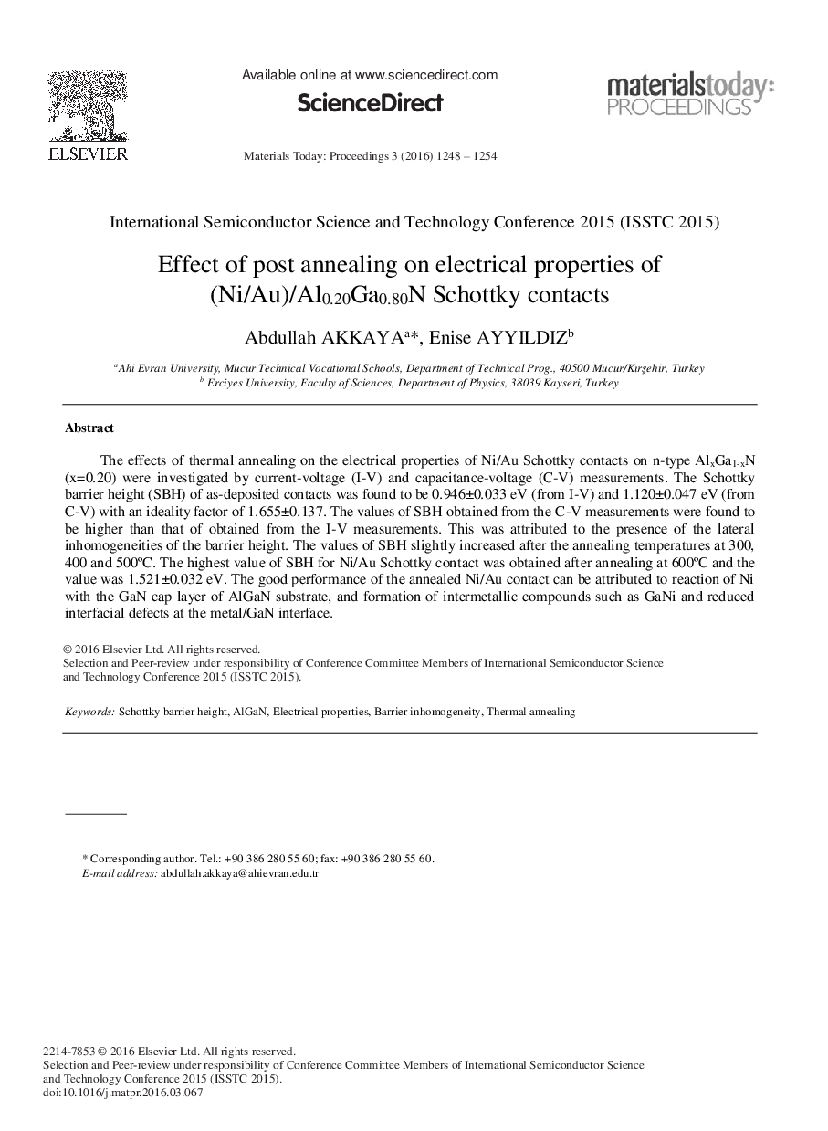 عکس صفحه اول مقاله: Effect of Post Annealing on Electrical Properties of (Ni/Au)/Al0.20Ga0.80N Schottky Contacts Effect of Post Annealing on Electrical Properties of (Ni/Au)/Al0.20Ga0.80N Schottky Contacts