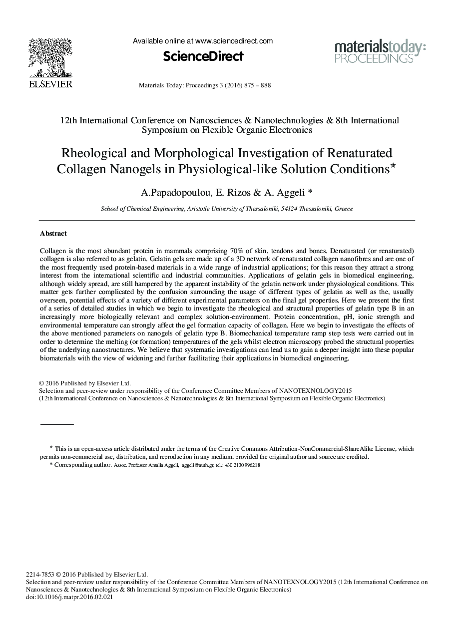 Rheological and Morphological Investigation of Renaturated Collagen Nanogels in Physiological-like Solution Conditions1 