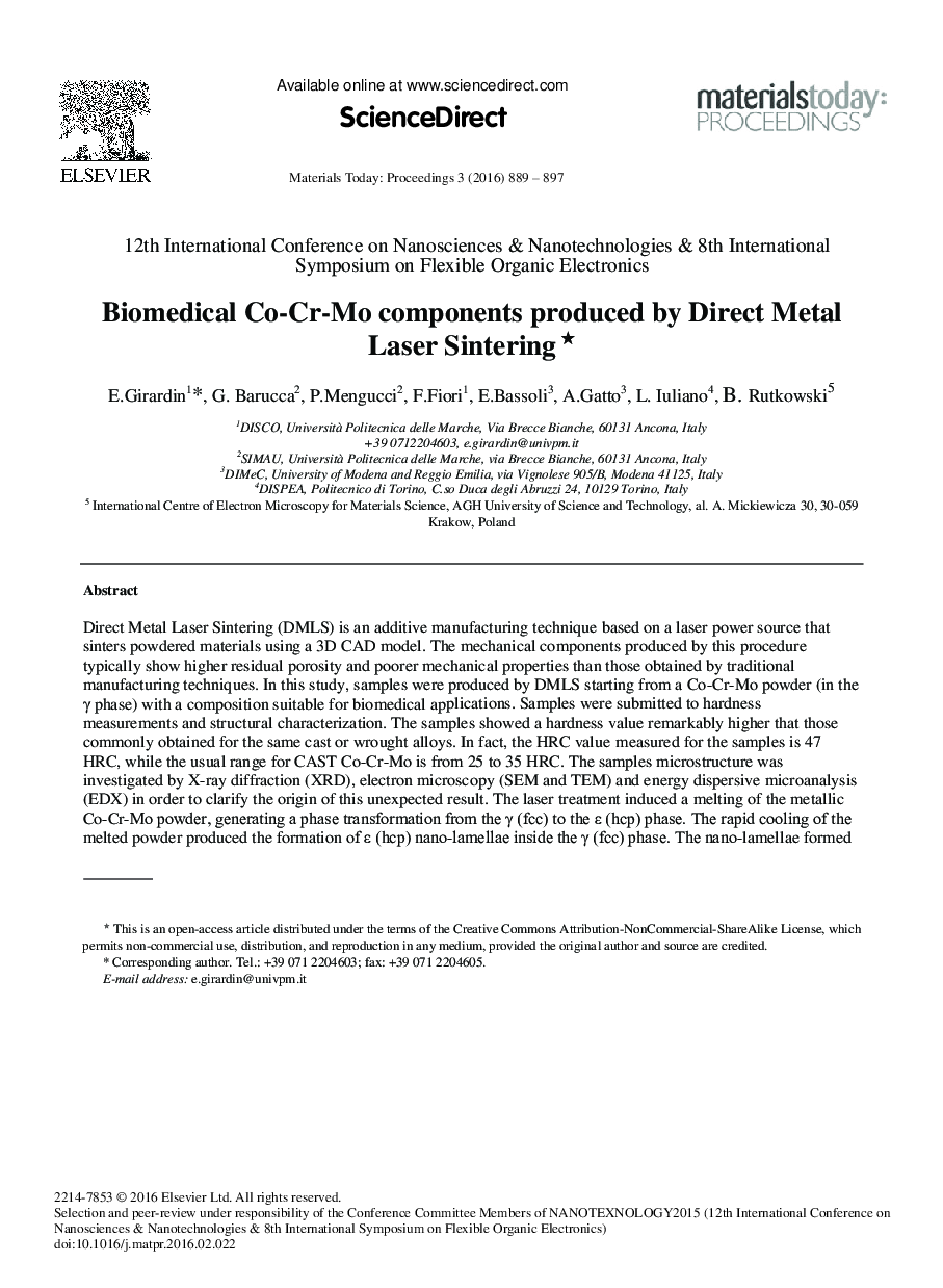 Biomedical Co-Cr-Mo Components Produced by Direct Metal Laser Sintering1 