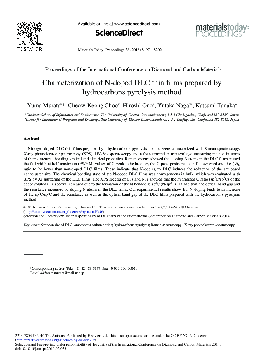 Characterization of N-doped DLC Thin Films Prepared by Hydrocarbons Pyrolysis Method 