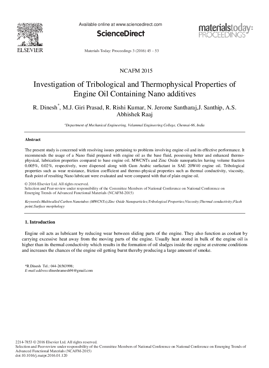 عکس صفحه اول مقاله: Investigation of Tribological and Thermophysical Properties of Engine Oil Containing Nano additives Investigation of Tribological and Thermophysical Properties of Engine Oil Containing Nano additives