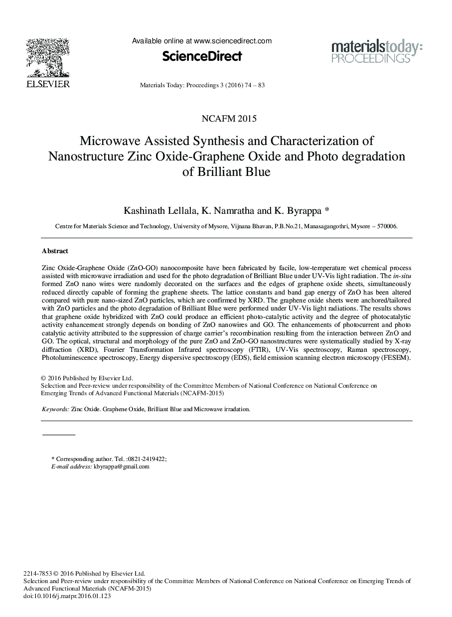 Microwave Assisted Synthesis and Characterization of Nanostructure Zinc Oxide-Graphene Oxide and Photo Degradation of Brilliant Blue 